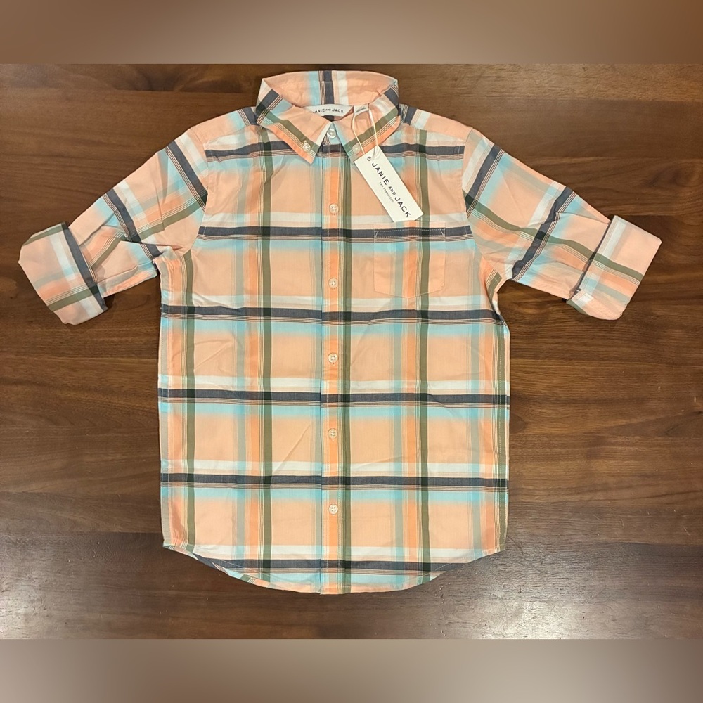 Janie and Jack Easter Peach Plaid Button Down Shirt - Picture 2 of 4